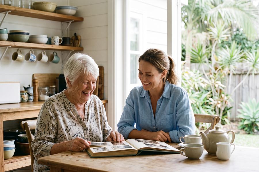An older woman laughing with her support worker over a pot of tea and a family photo album