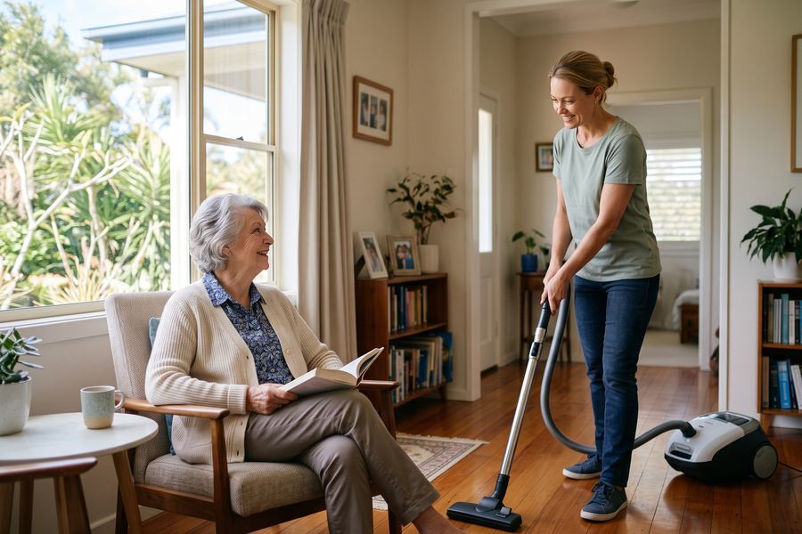 A support worker vacuuming the living room while an older woman relaxes with a book