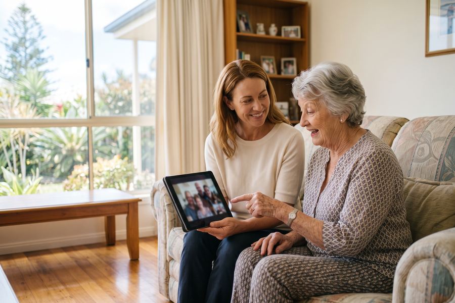 A support worker showing an older woman how to video-call her family on a tablet