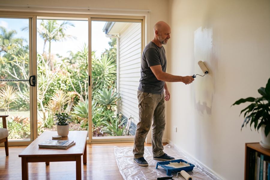 A handyman painting a freshly patched lounge room wall