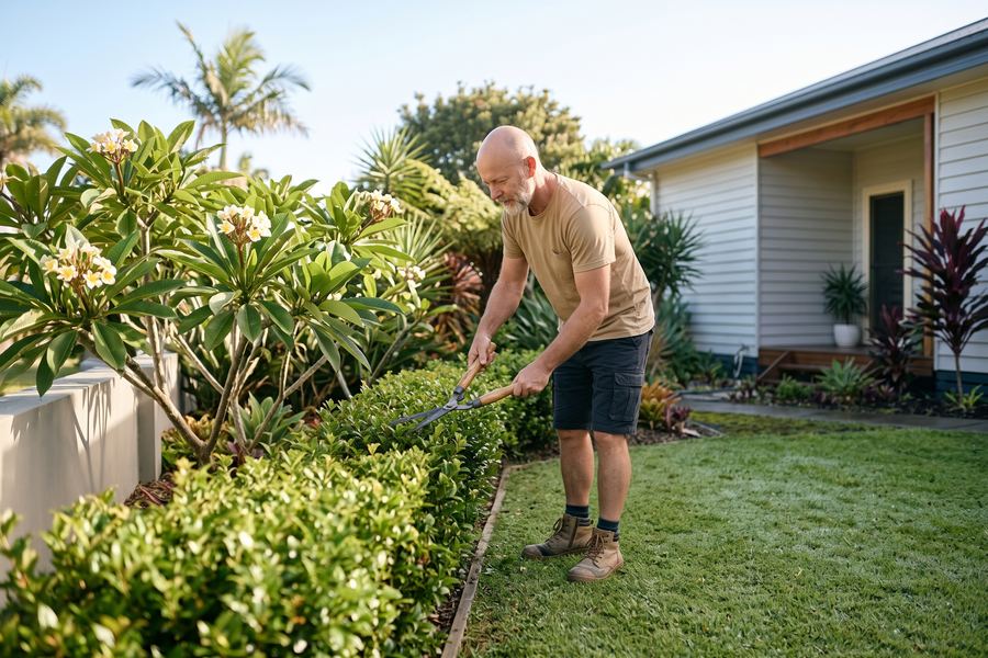 A gardener trimming a hedge in a subtropical front garden