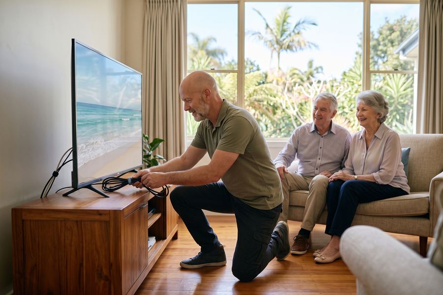 A technician setting up a new TV while an older couple watch from the couch