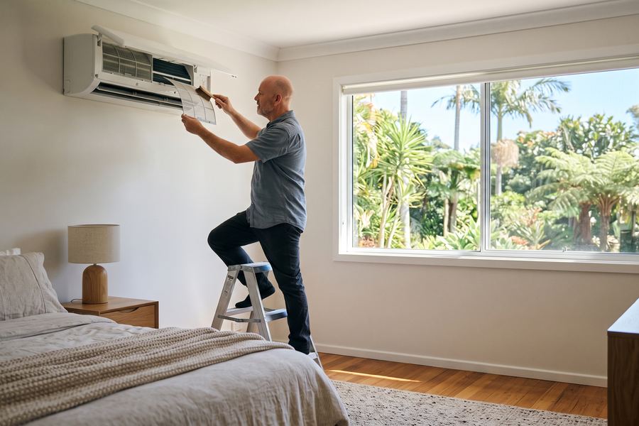 A technician cleaning the filter of a split-system air conditioner
