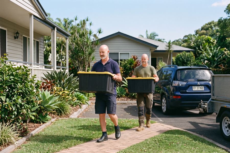 Two men carrying heavy-duty storage tubs to a trailer behind a dark blue SUV